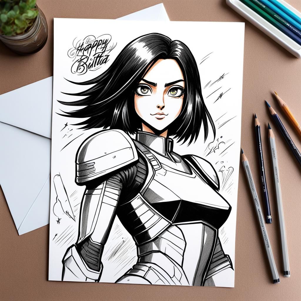 Battle Angel Birthday Card Drawing on Postcard