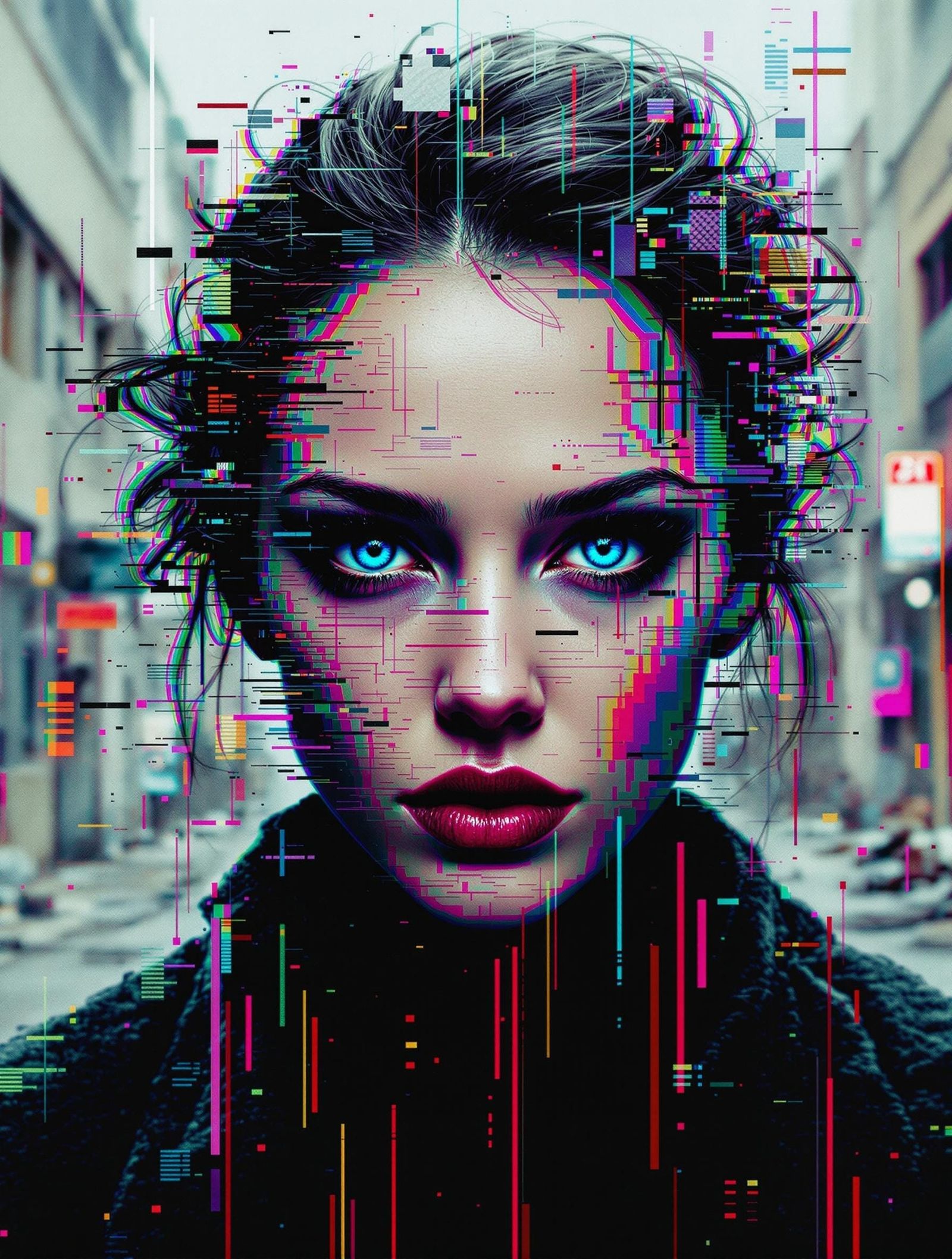Distorted Digital Portrait in Vibrant Glitch Art Style