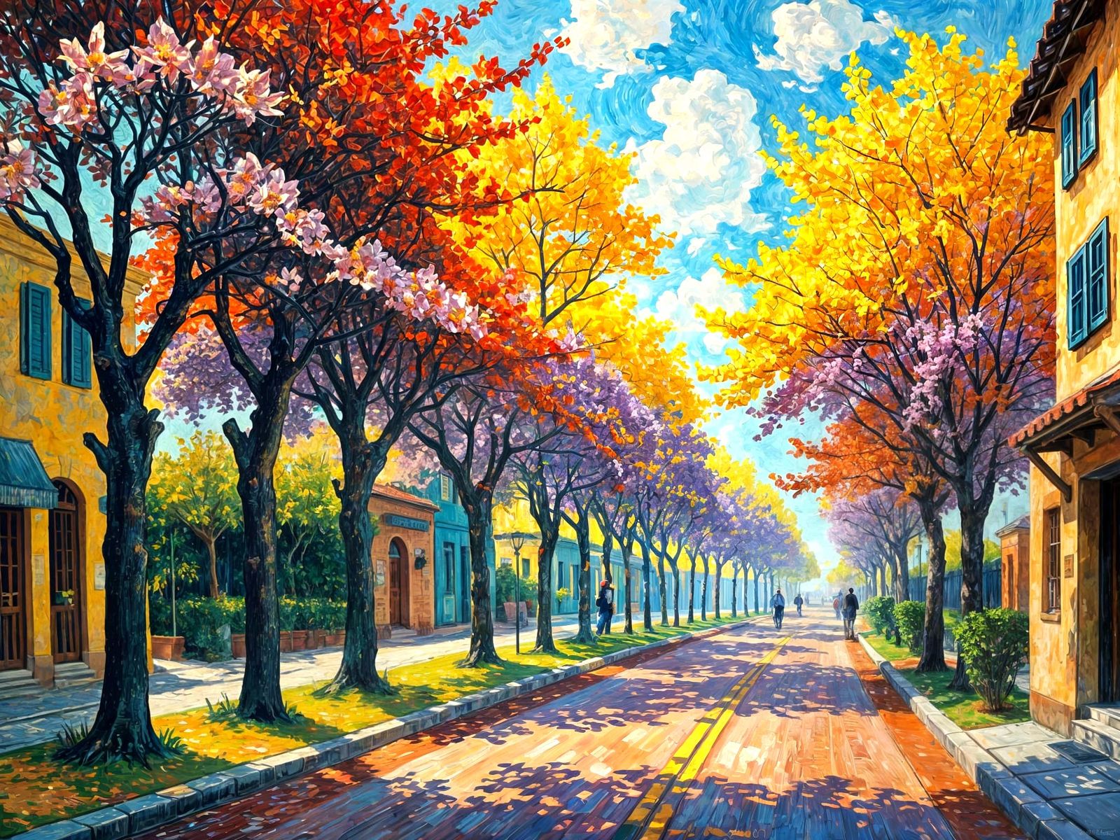 Vibrant Jacaranda Streetscape in Post-Impressionist Style