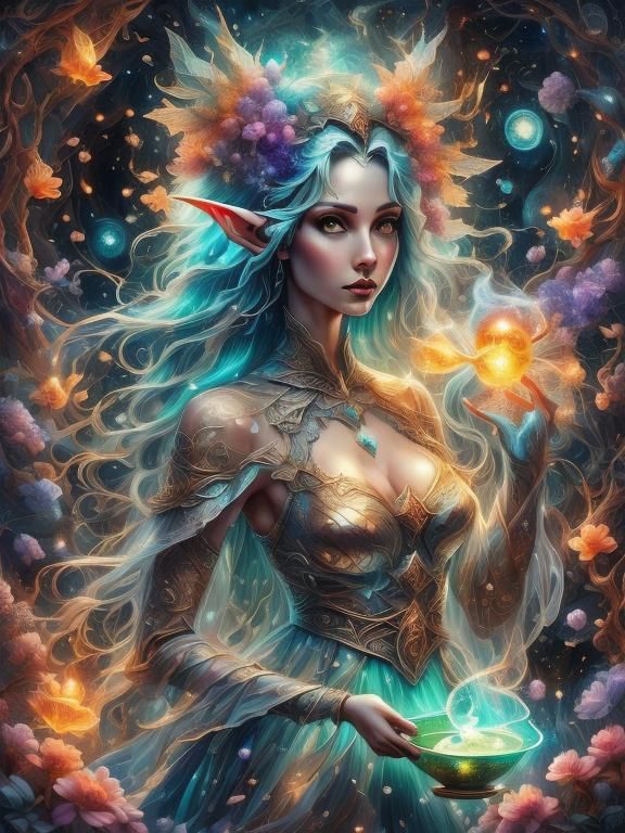 Ethereal Translucent Elf Portrait in Water-Ink Style