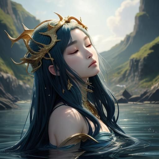 Anime Mermaid Sleeping on Beach, Fantasy Art
