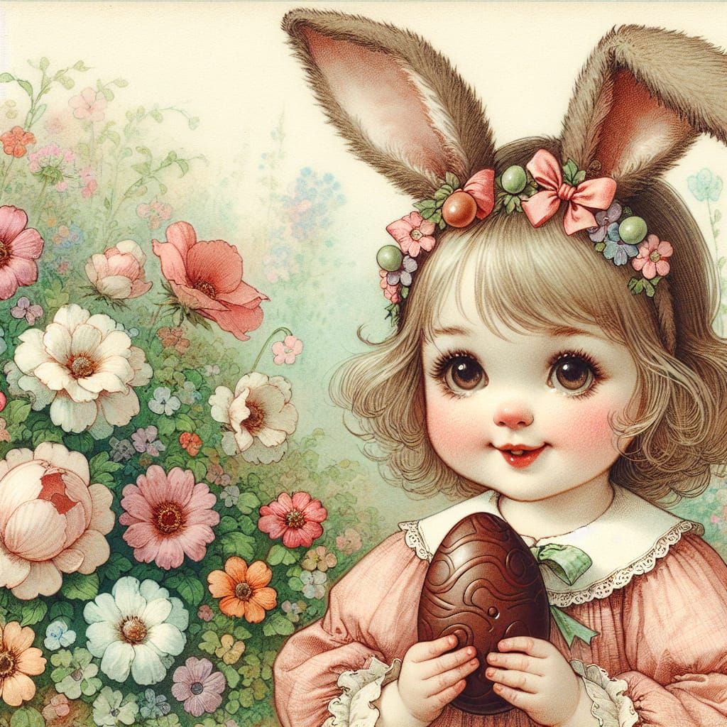 Adorable little girl wearing bunny ears, 3D animated style, ...
