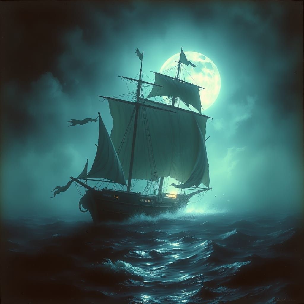 Mystical Ghost Ship Sailing in Moonlit Waters