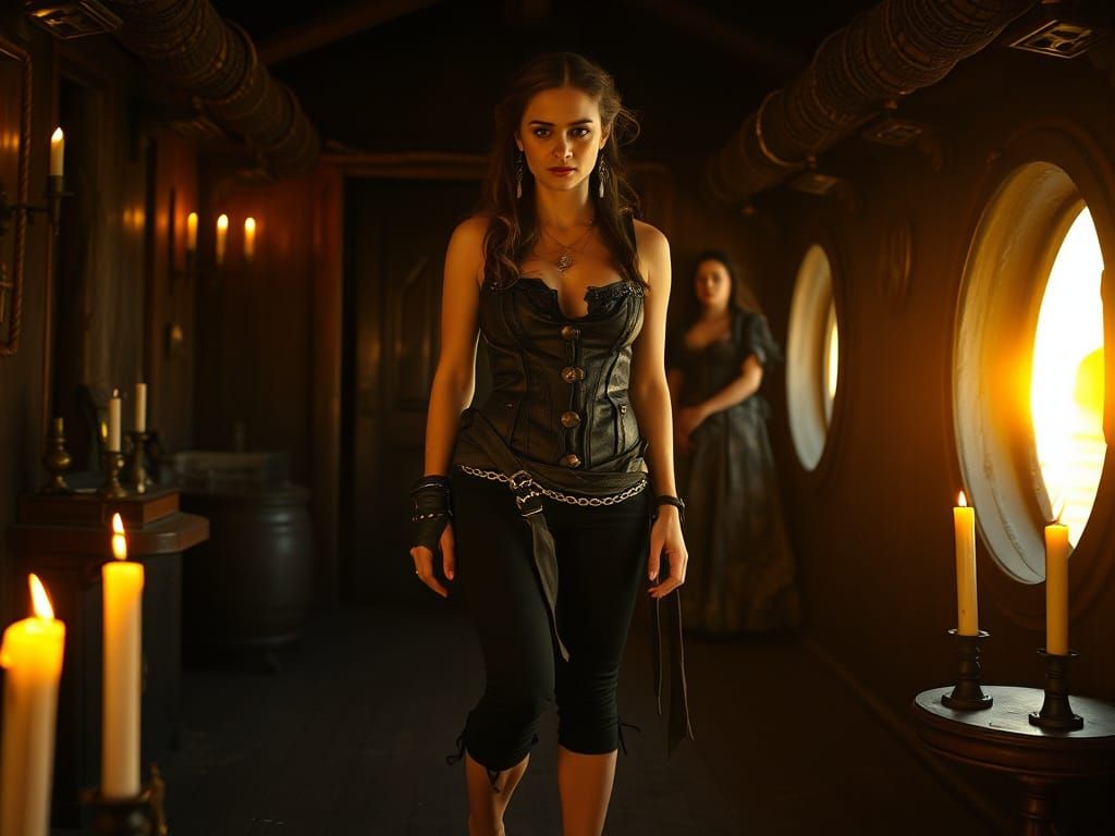 Confident Pirate Captain Surrounded by Elegant Rokoko Lady i...