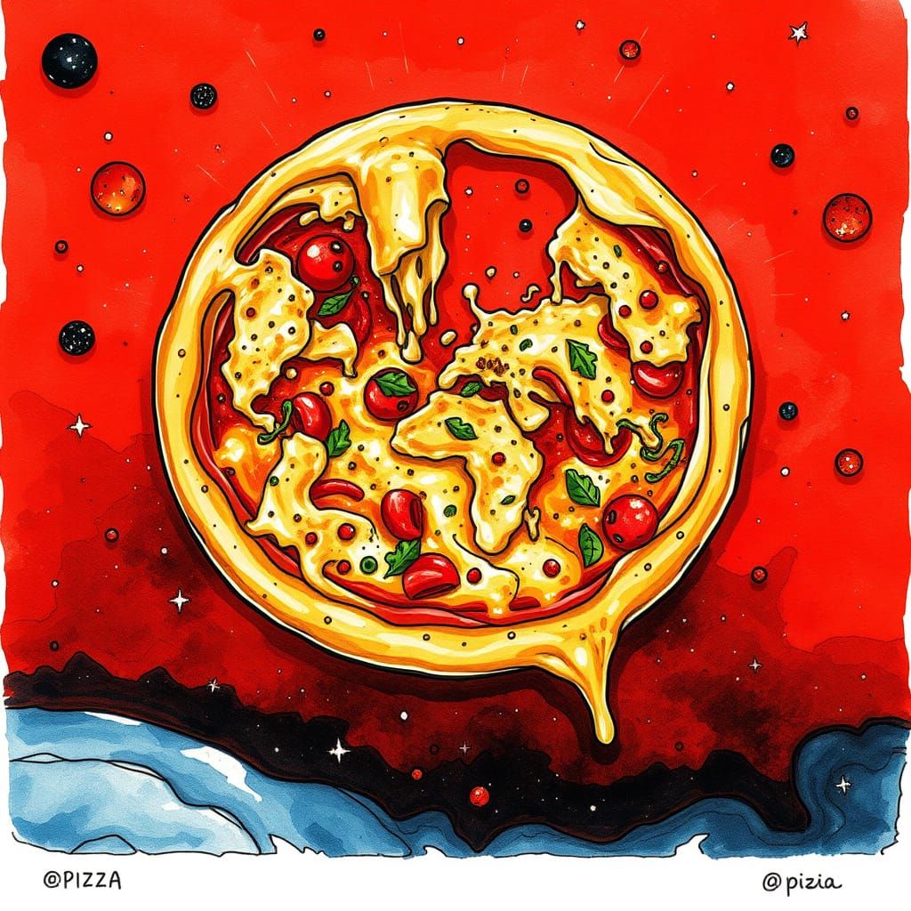 Pizza Map of Earth in Space, Whimsical Pen and Ink