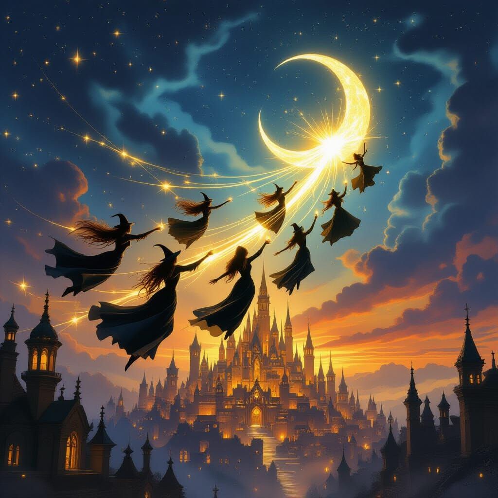 Witches Fly Over Golden City in Cinematic Digital Art