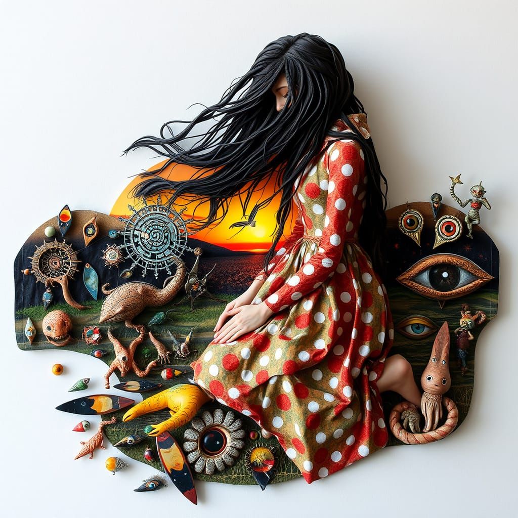 Surreal Sculpture of Woman at Sunset with Broken Mirrors