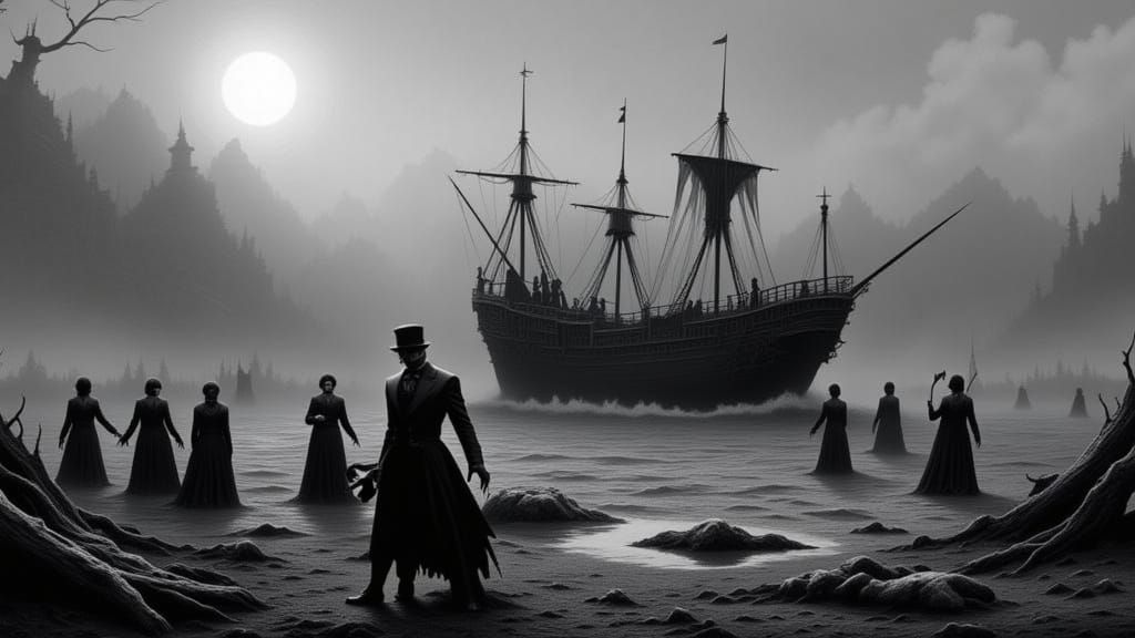 Abandoned Shipwreck in a Black and White Ghost Town