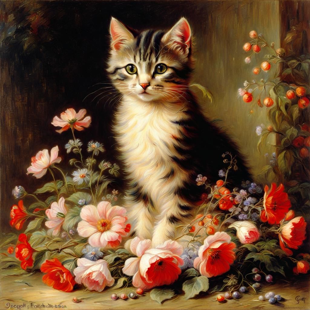 Cute Cat with Flowers and Heart Lights