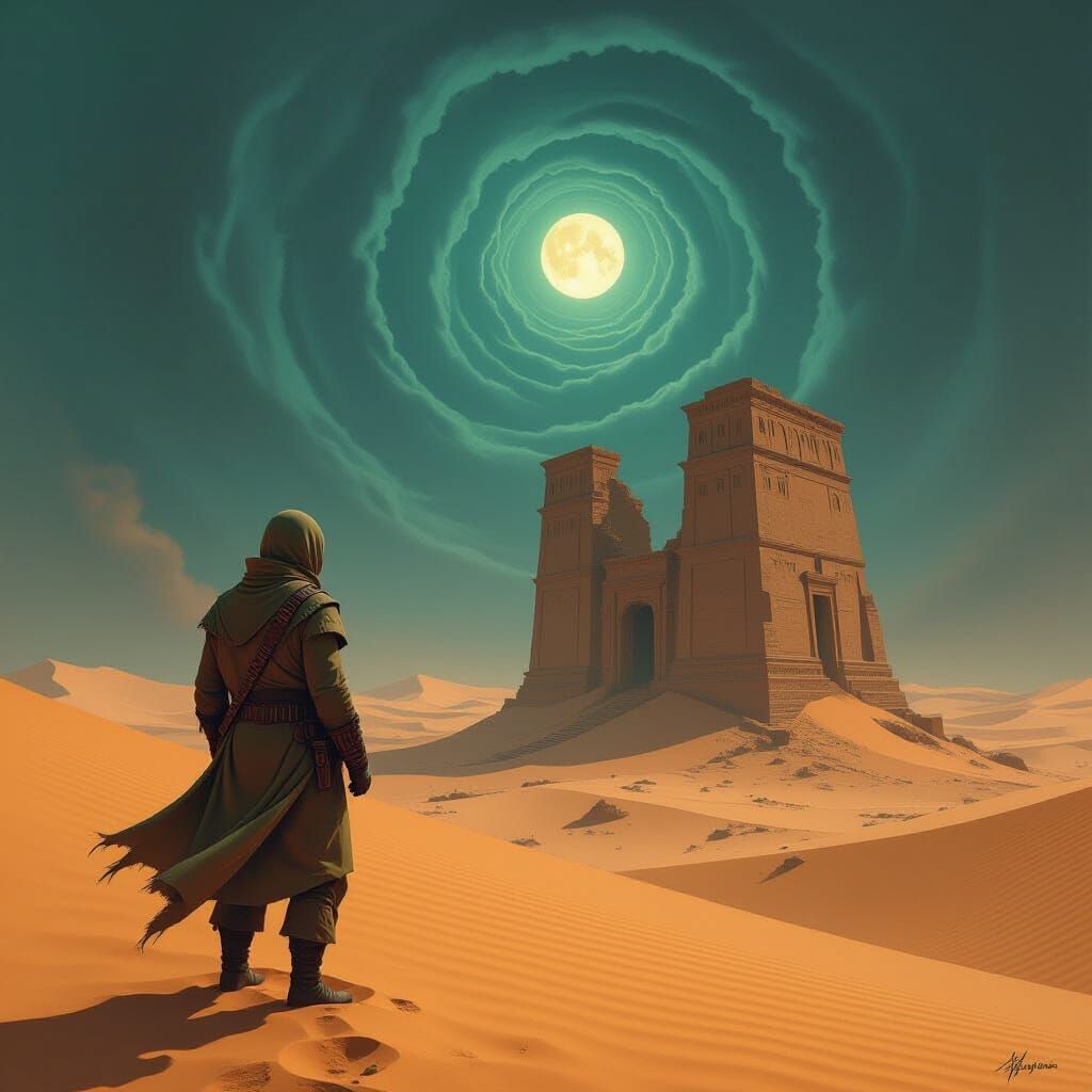 Soldier Gazes at Alien Ruin Under Swirling Sky