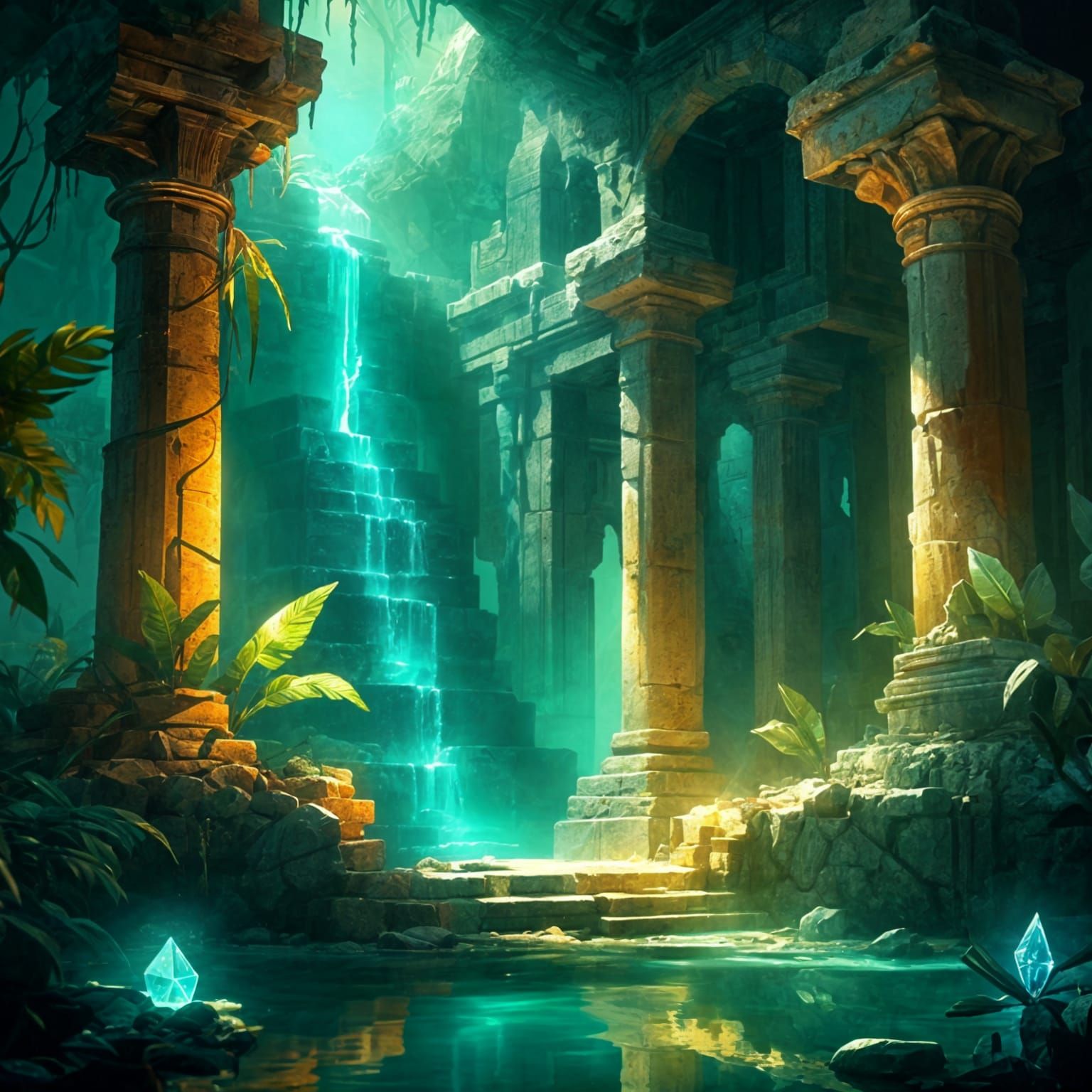 Glowing Crystal in Ancient Temple