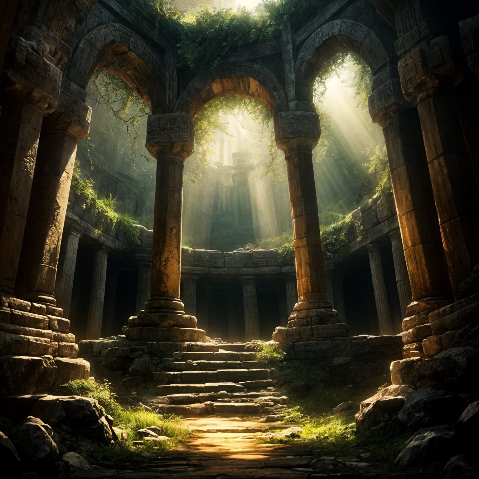 Glowing Crystal at Ancient Temple as Impasto Painting