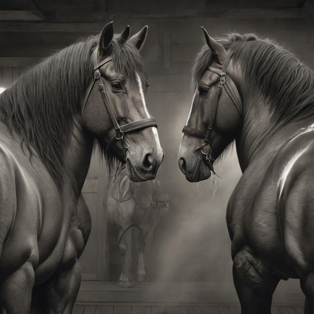 Charcoal Drawing: Man and Clydesdale in Stable