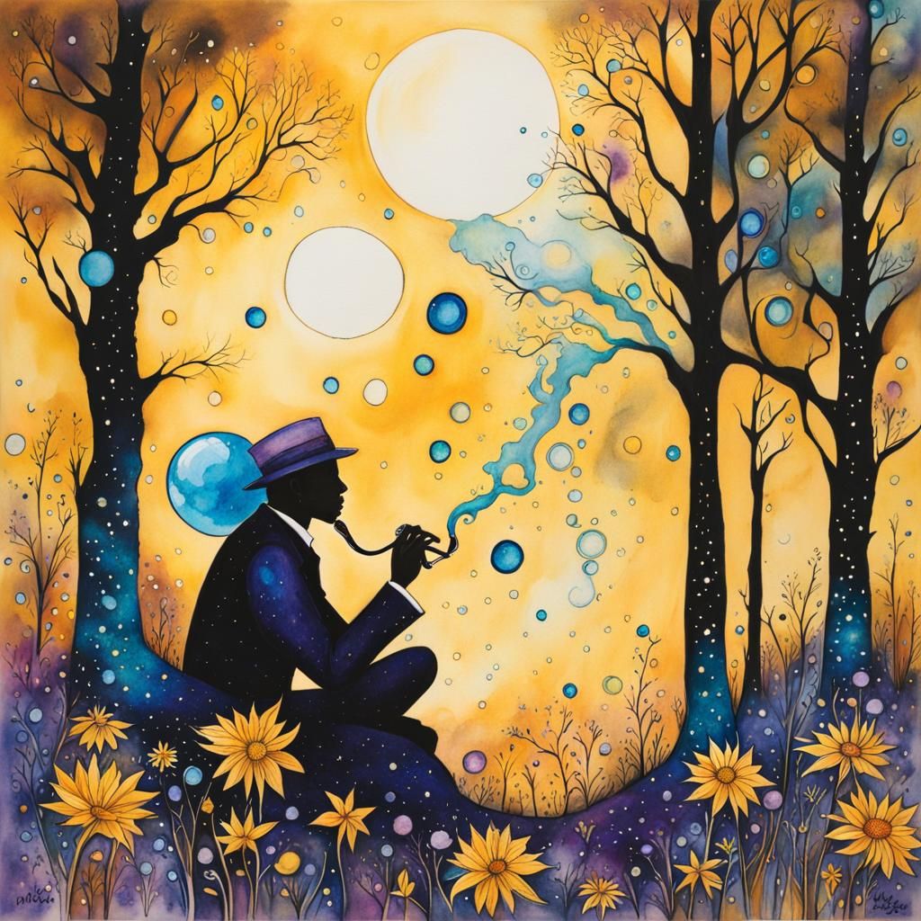 Man Smoking Pipe in Starry Indigo Fineliner Art