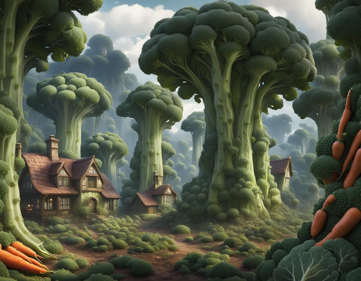Surreal Broccoli Forest with Mushroom Village