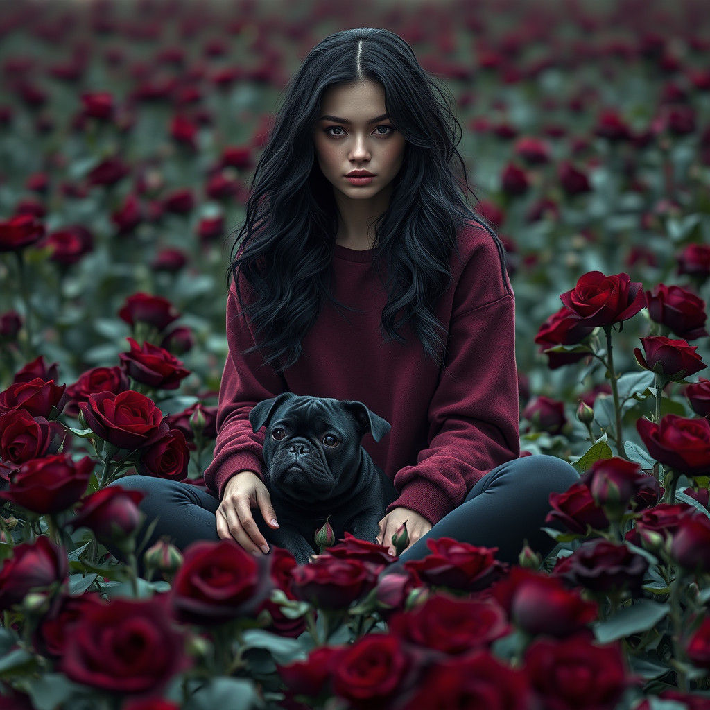 Woman and Pug in Black Rose Garden: Fantasy Art