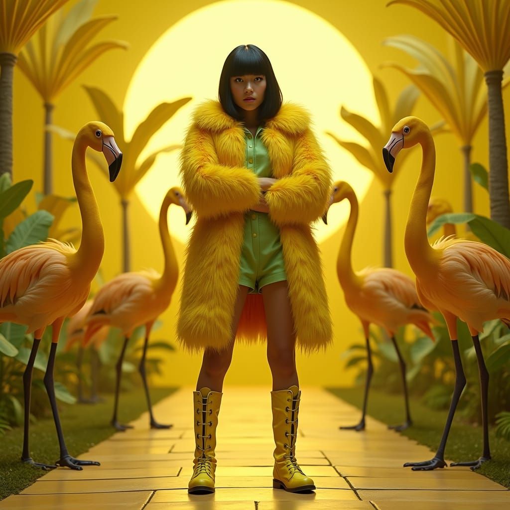 Woman in Yellow Fur Coat in Surreal Tropical Landscape