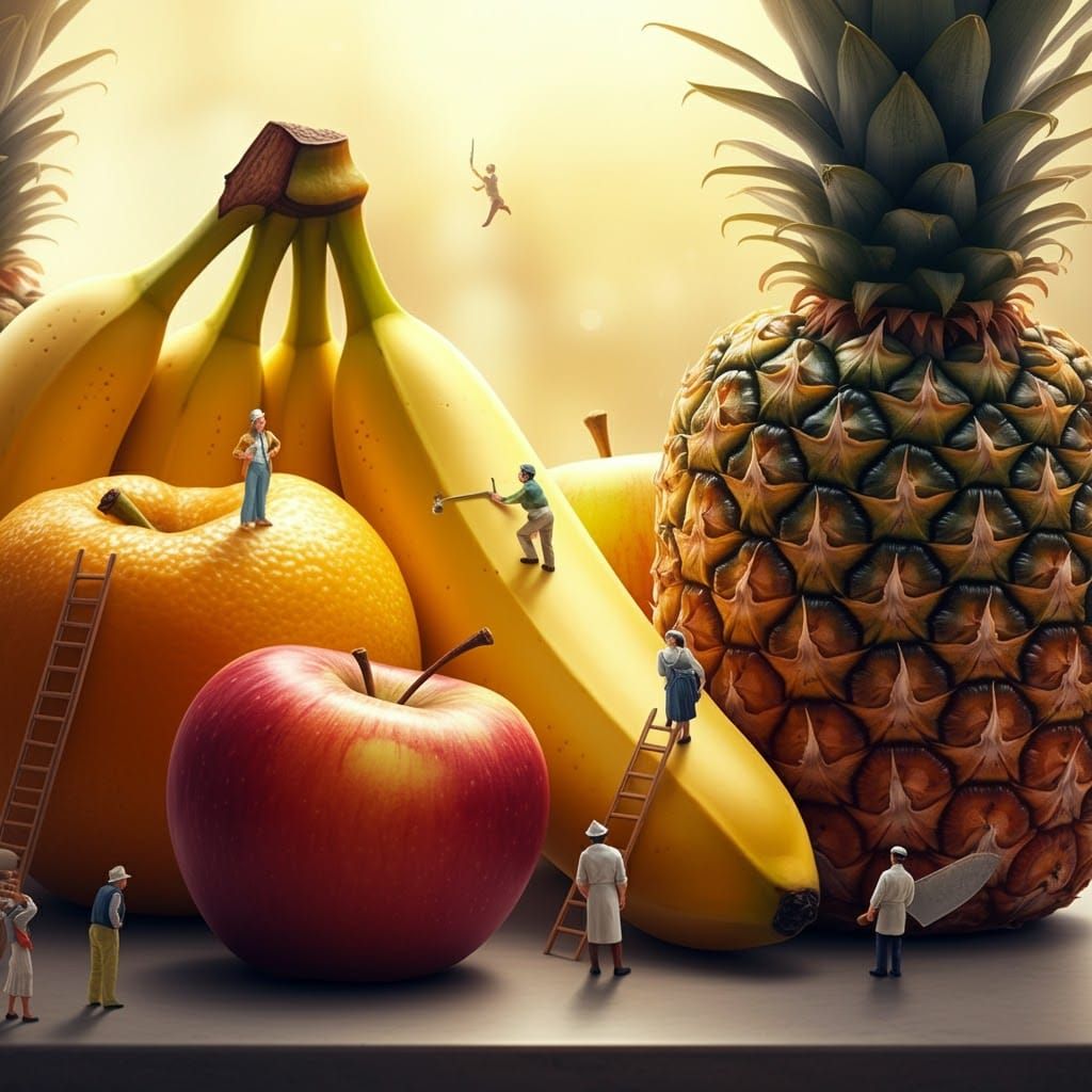 Miniature People in Colossal Fruit Landscape