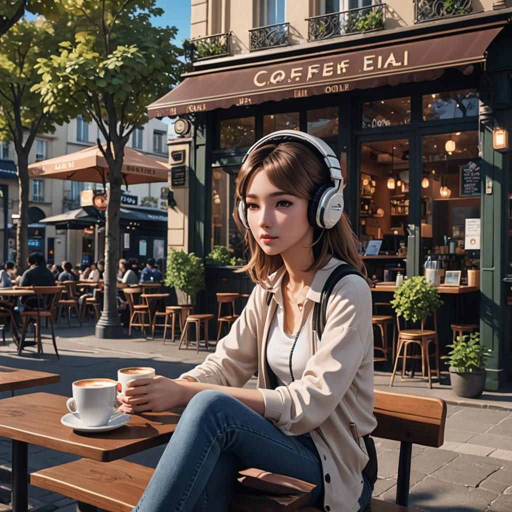 Anime Girl at Coffee Shop Near Eiffel Tower