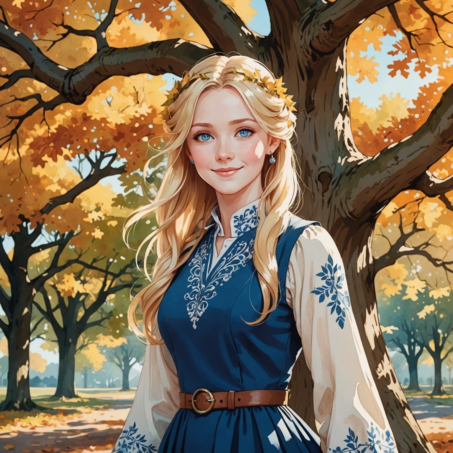 Blonde Woman in Autumn Dress: Watercolor Anime Style