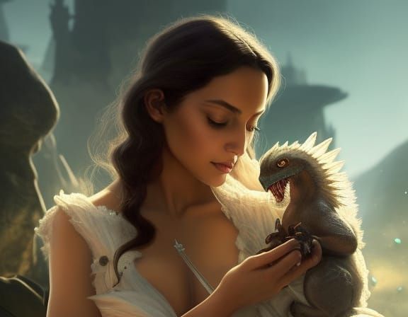 Woman and Baby Dragons Portrait in Digital Art Style