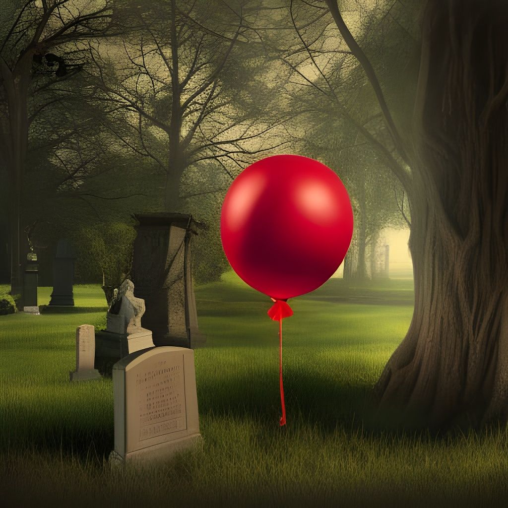 Weeping Angel with Red Balloon in Graveyard