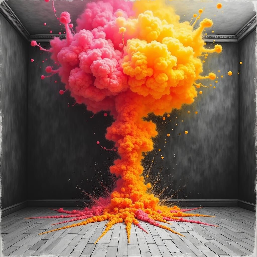 The background is a room in black and white. A color Atombom...