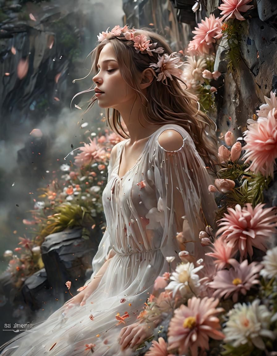 Ethereal Girl with Flowers: A Surreal Oil Painting