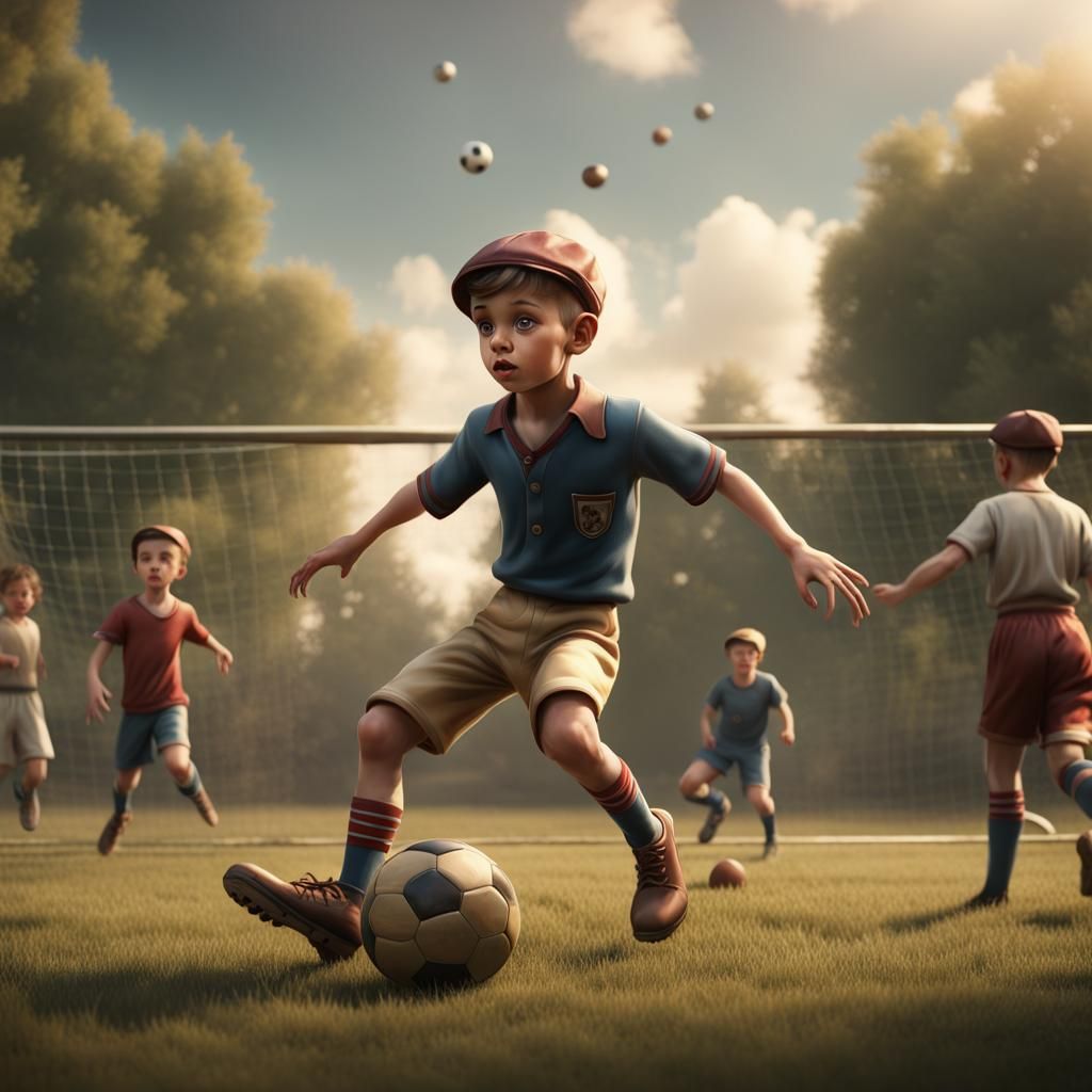 Boy and Dad Playing Football, Matte Painting Style