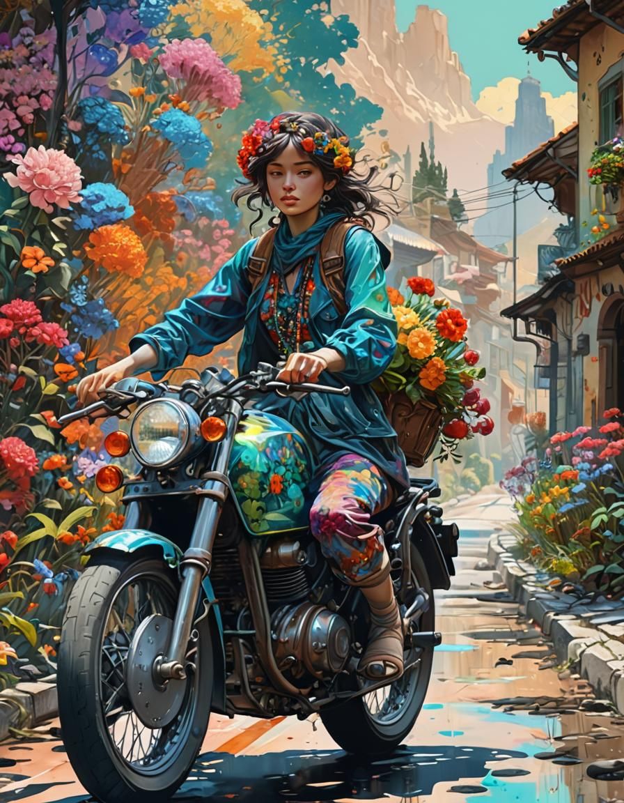 Jungle Road Trip on Classic Motorcycle, Impressionist Style