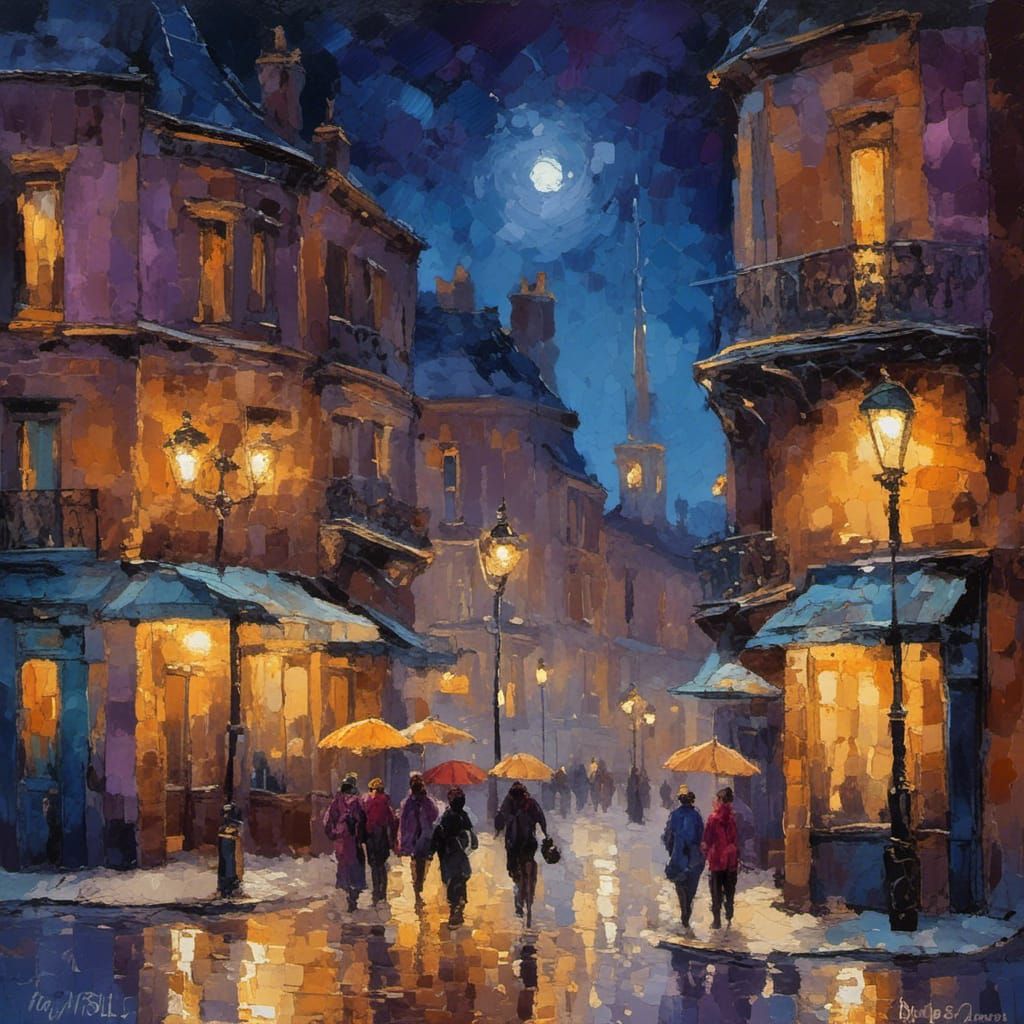 City Street at Night: An Impressionist Gouache Painting
