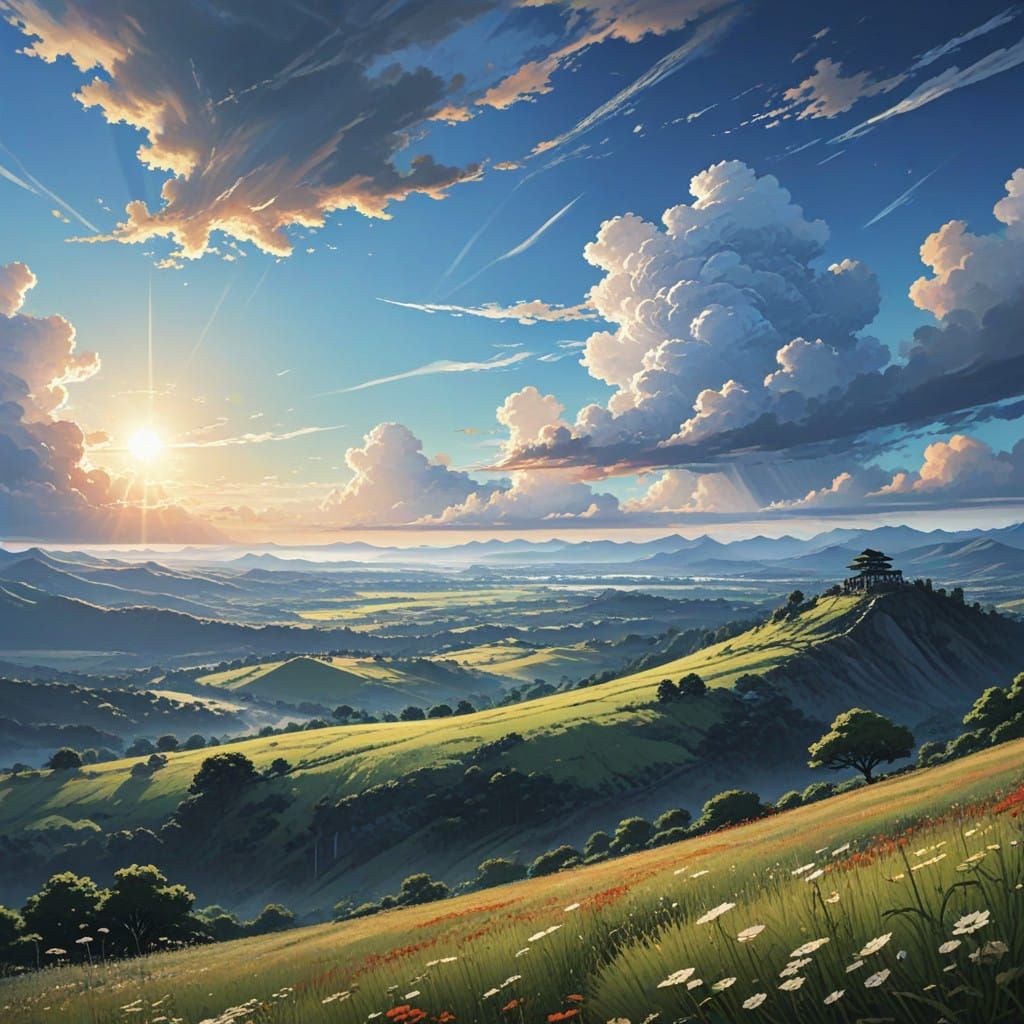 Surreal Japanese Landscape with Vibrant Sunset