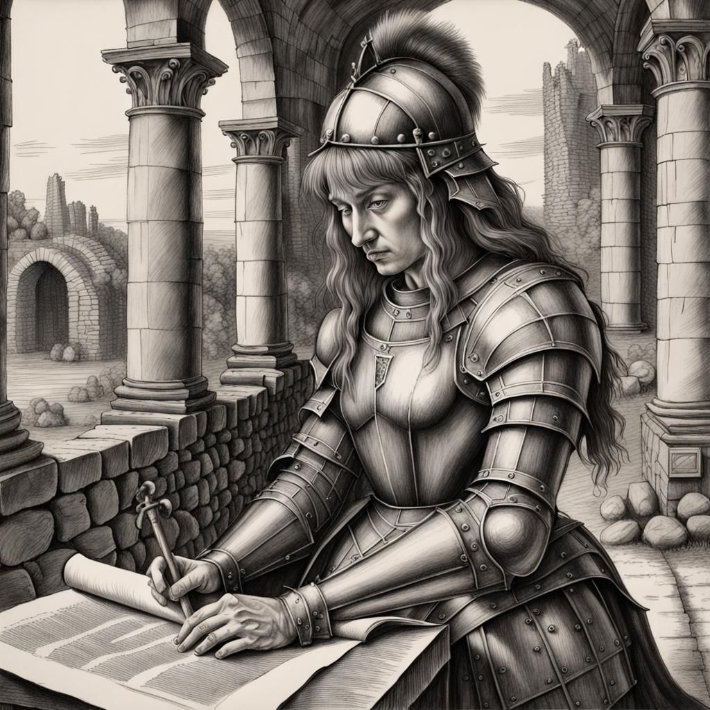 Female Knight Reads Scroll in Grim Ruins, Charcoal Drawing