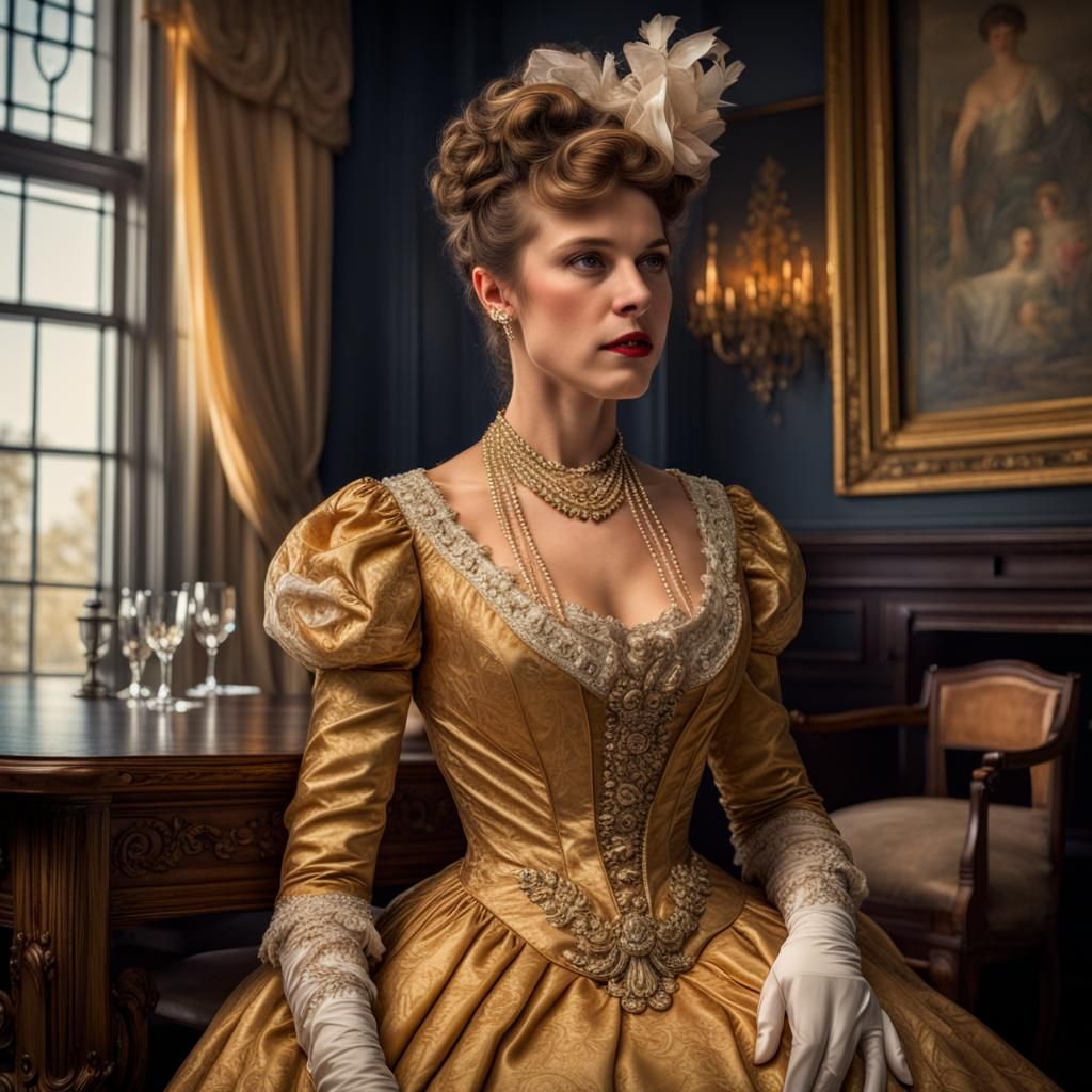 Gilded Age Dinner Gown in Hyperrealistic Style