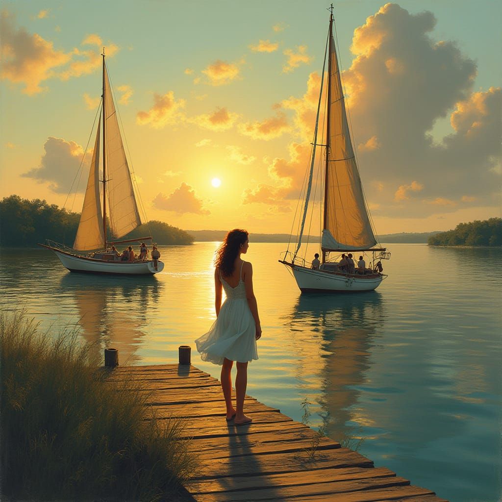 Woman Gazing at Boats on Blue Bayou