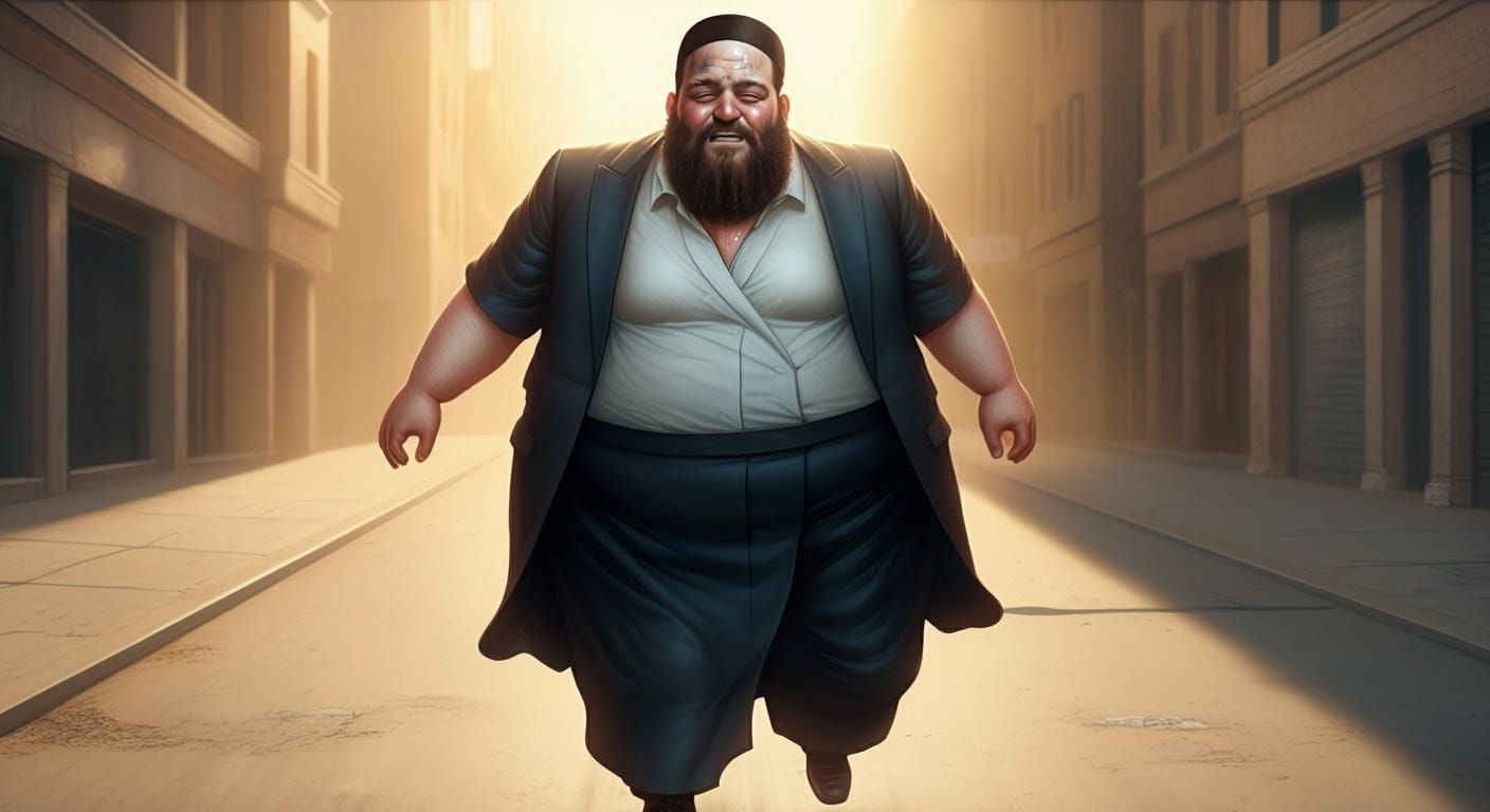 Heavyset Hasidic Man Struggles on Deserted City Street