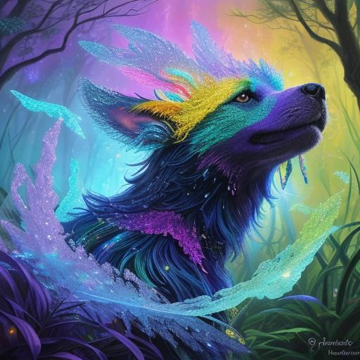 Rainbow Crystal Dog in Mystical Forest: Fantasy Art