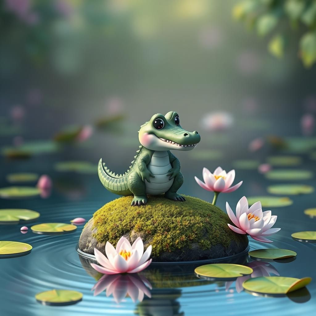 Chibi Crocodile on Mossy Stone: 3D Anime Art