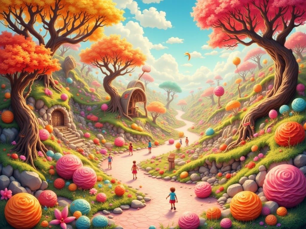 Surreal Fantasy World with Whimsical Candy Landscapes in Iso...