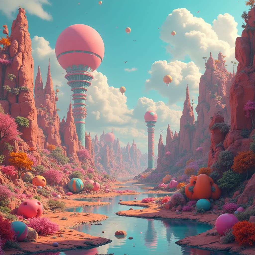 Surreal Landscape with Eclectic Objects and Dreamlike Scener...