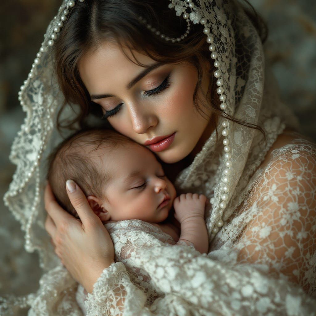 Elegant Woman with Baby, Pre-Raphaelite Style