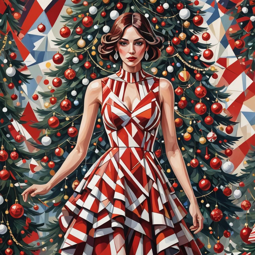 Cubist Woman with Christmas Tree in Geometric Fauvism