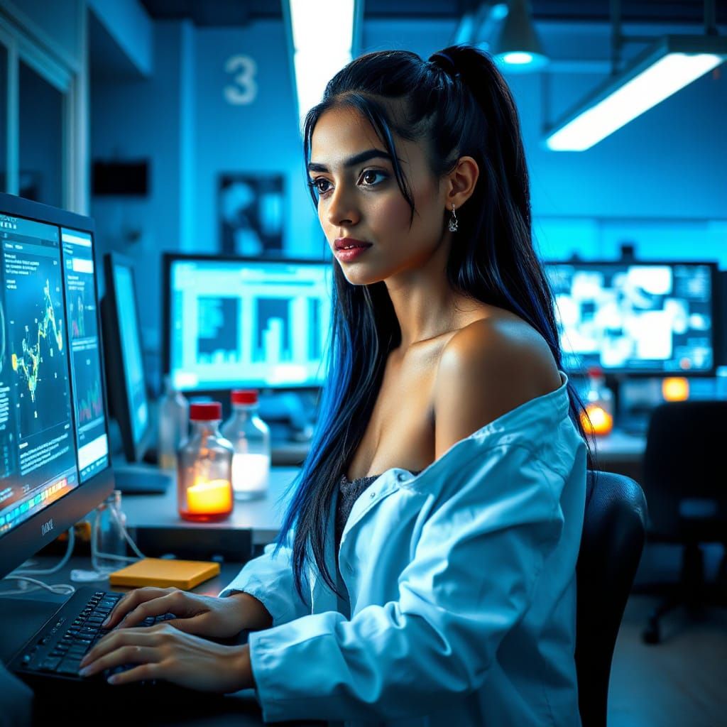 Andhra Woman in Sci-Fi Lab, Blue Highlights