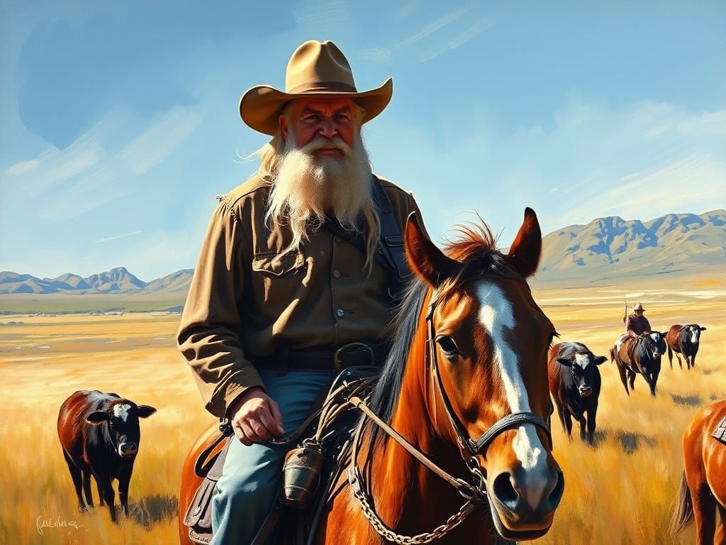 Impressionistic Cowboy Herding Cattle on Grassy Plain