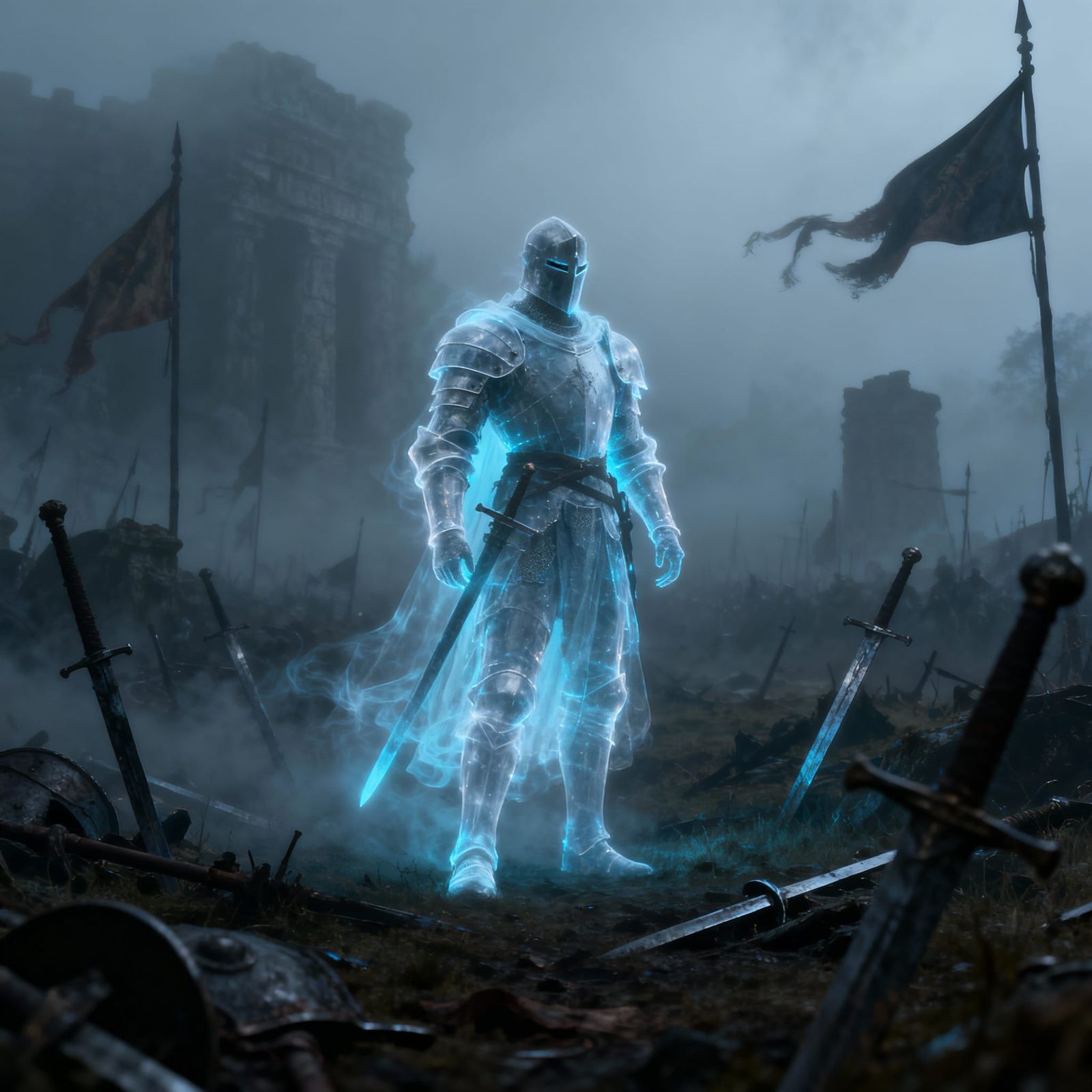 Spectral Knight Guards Misty Battlefield in Dark Fantasy Sty...