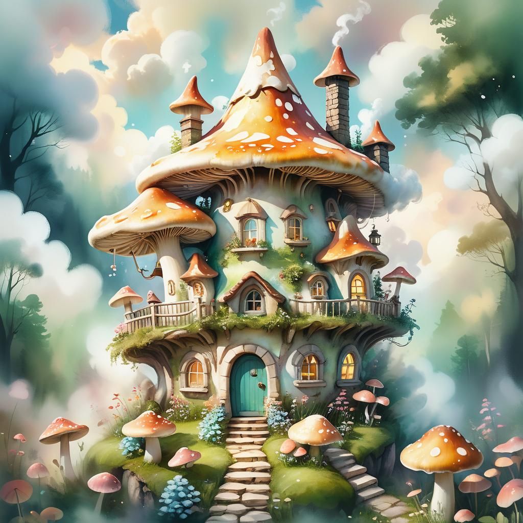 Mushroom House in Lush Forest, Dreamy Surrealism
