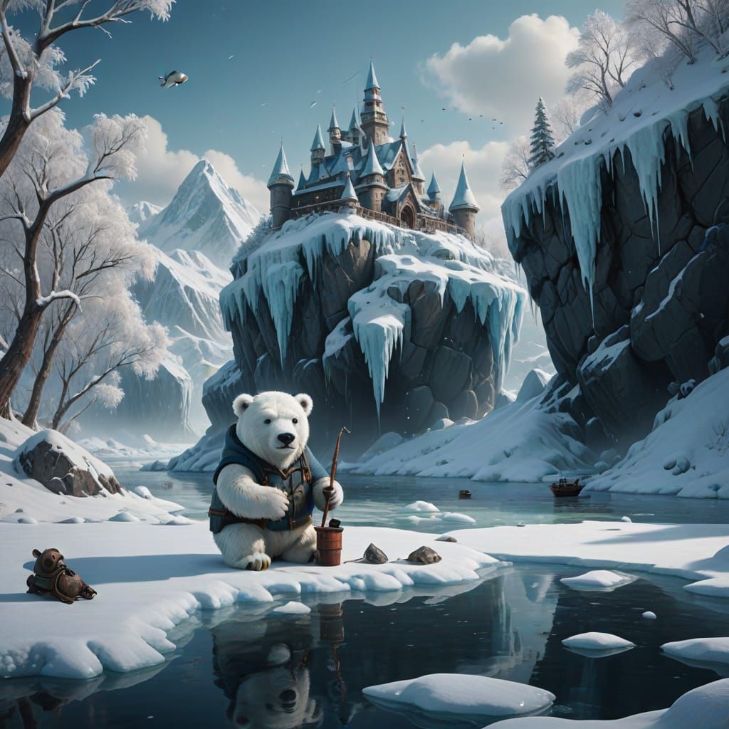 Whimsical Winter Scene: Old Man and Cute Icebear