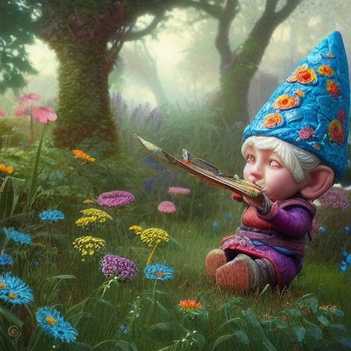 Colorful Gnome in Detailed Garden