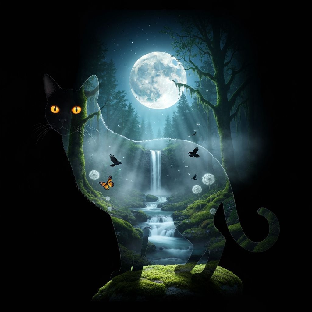 Black Cat Silhouette Merges with Mystical Forest Landscape
