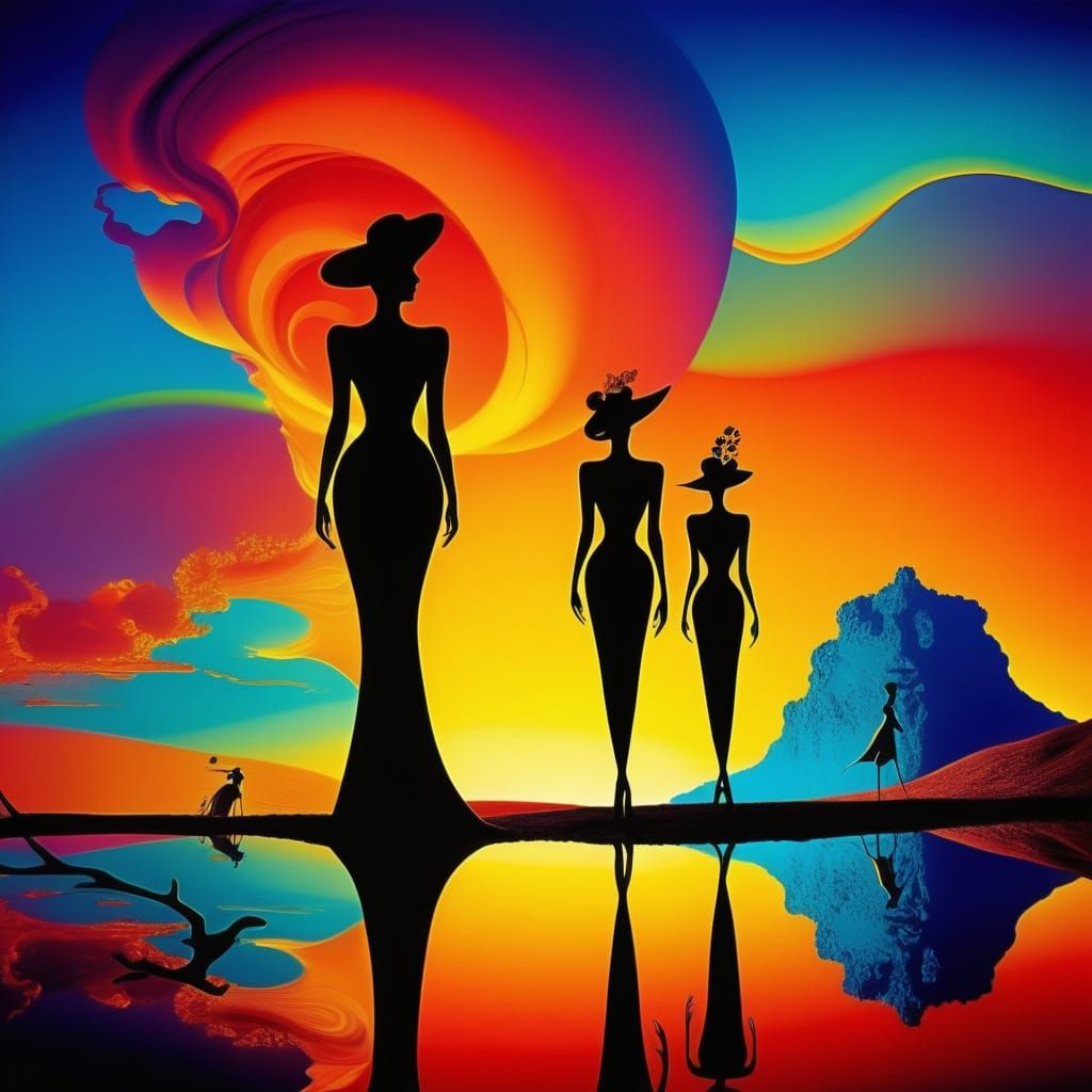 Surreal Landscape with Elegant Female Figures by Dali